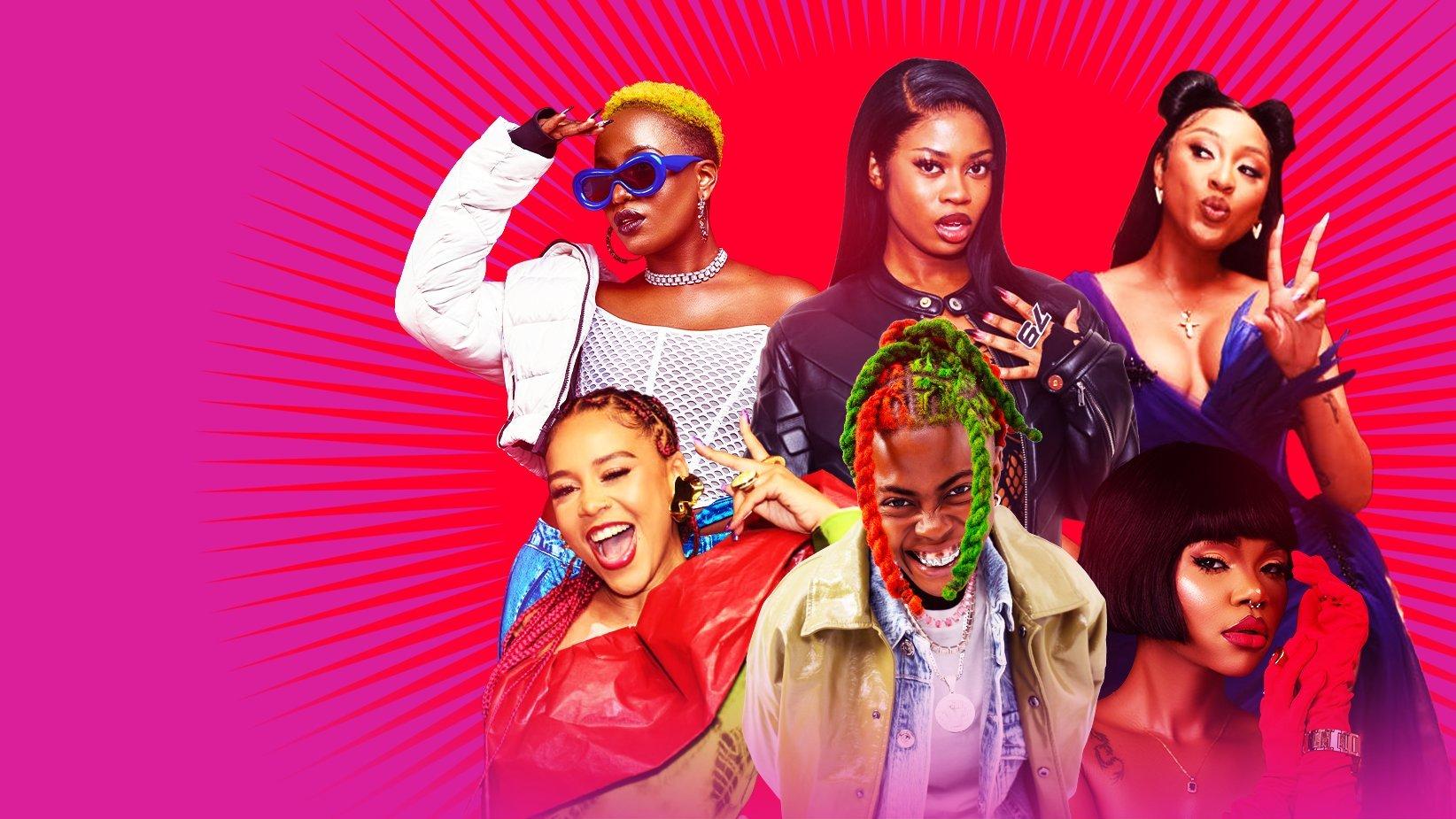 A collage photo of African women rappers (Clockwise from top-left): Femi One, Deto Black, Nadfiav Nakai, Candy Bleakz, Rosa Ree, Sho Madjozi